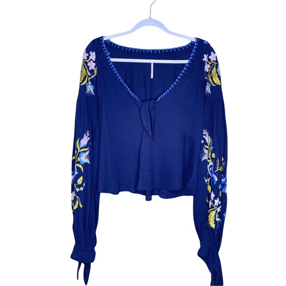 Free People Tops - Free People Blue Balloon Sleeve Floral Embroidered Long Sleeve Blouse Sz S